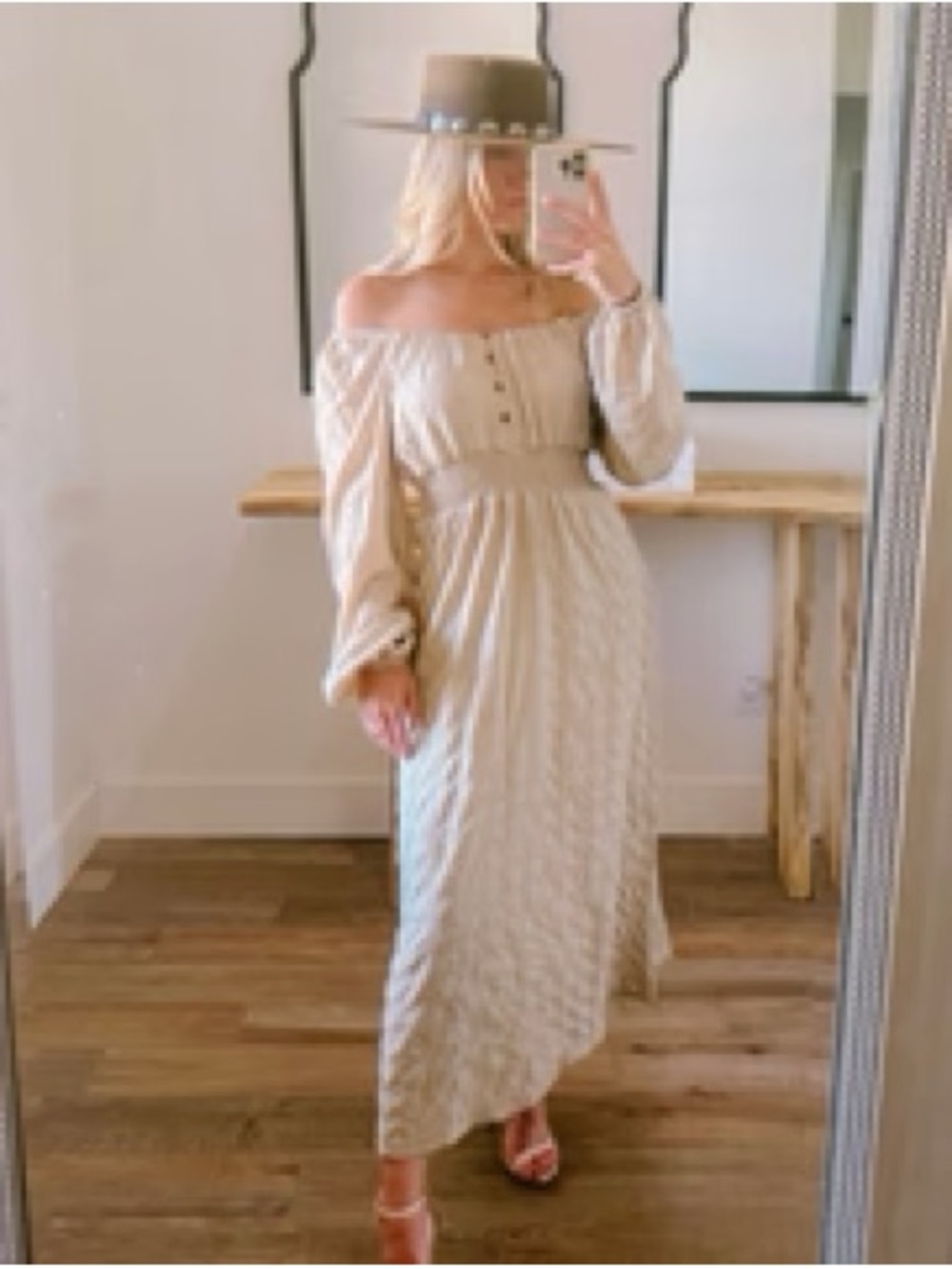 Boho Smocked Waist Long Sleeve Midi Dress — Cream
